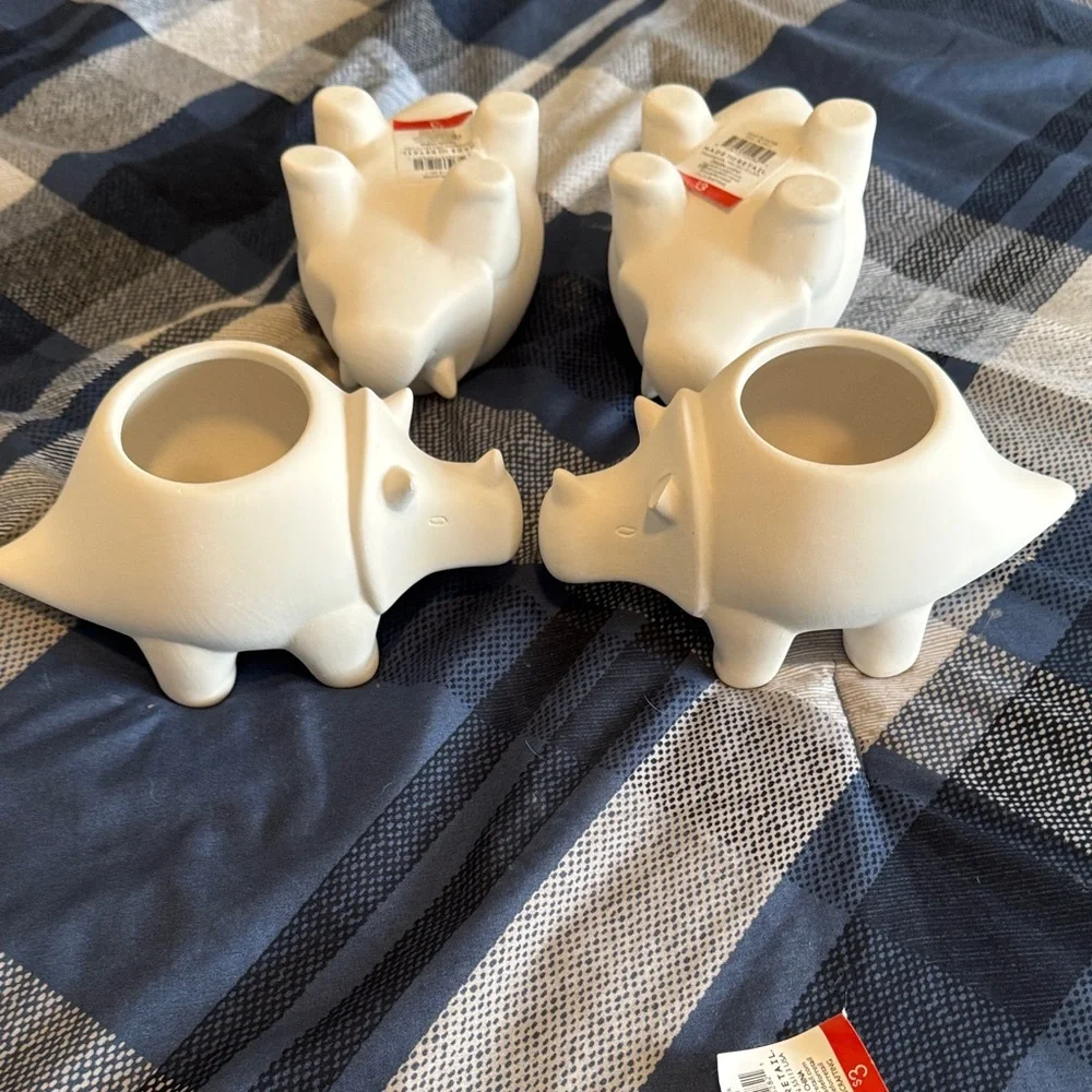 Four White Target Dino/Rhino Succulent  or Cacti Ceramic Planters Paint Party